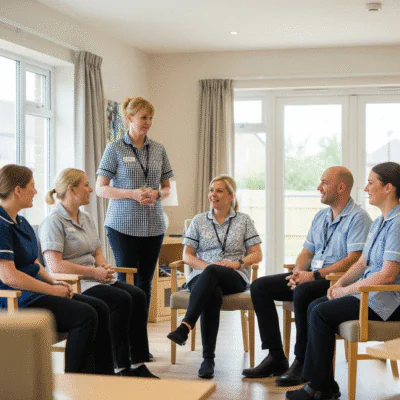 group of people sitting in a meeting in a care home setting professional boundaries training