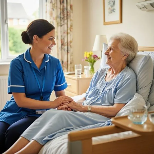 Digital Rectal Evacuation and Bowel Management course nurse sitting with elderly patient smiling in a care home environment UK