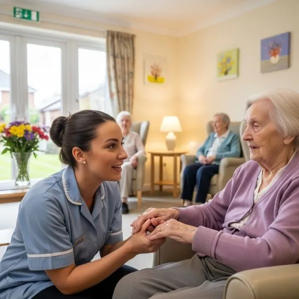 Late Stage Dementia female care worker sitting and engaging with older lady in a care home