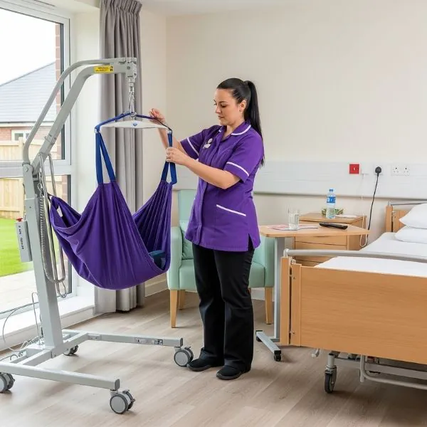 Moving and Assisting People Bariatric Care female care assistant setting up sling in hoist