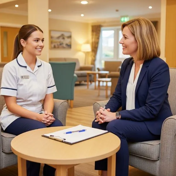 Safer Recruitment image of home manager and UK care home worker in communal area induction training interview