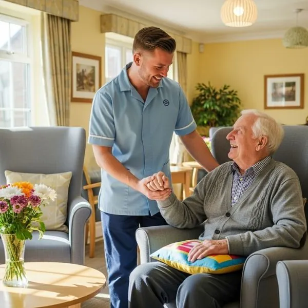 Urinary Catheterisation course older gentleman in chair smiling up at a male healthcare assistant UK care home setting