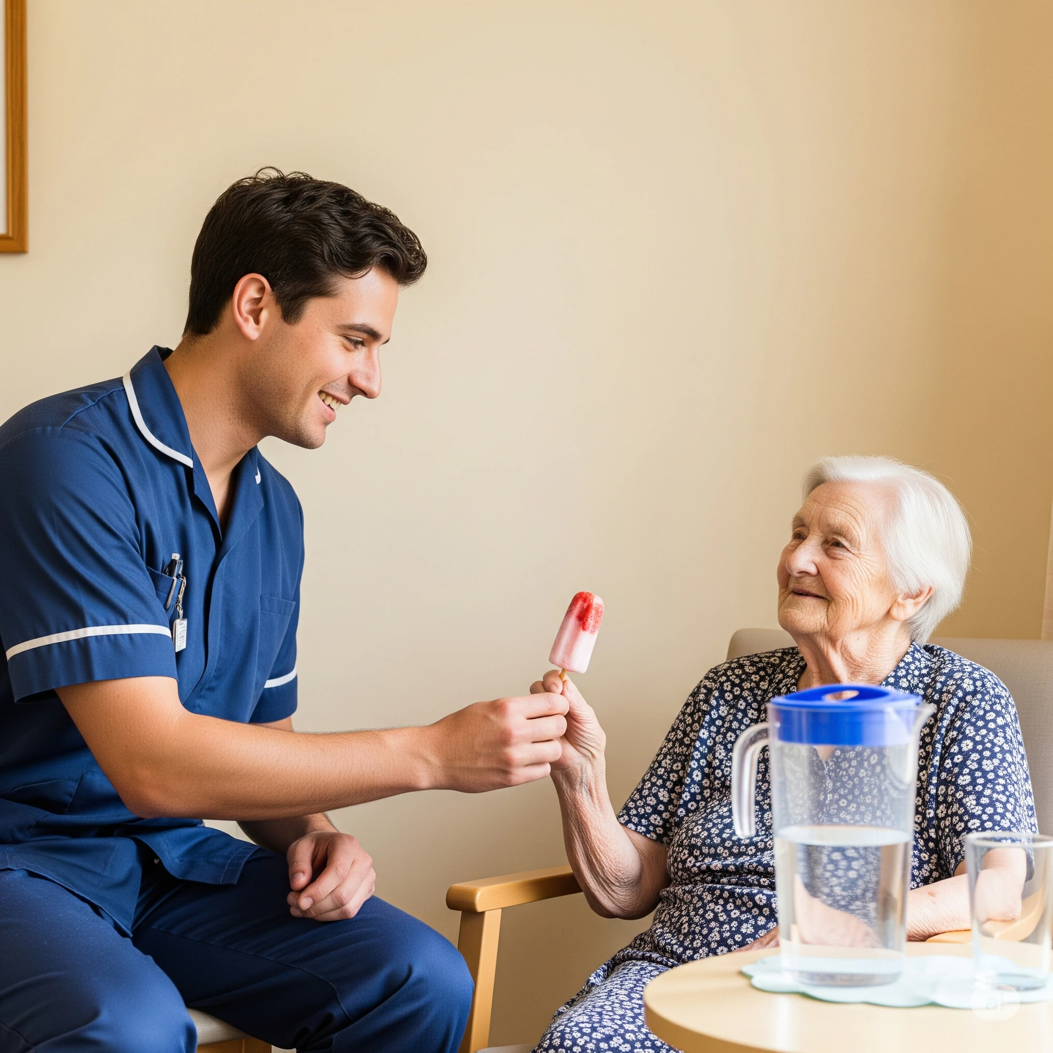 Male carer handing older resident ice cream hot weather