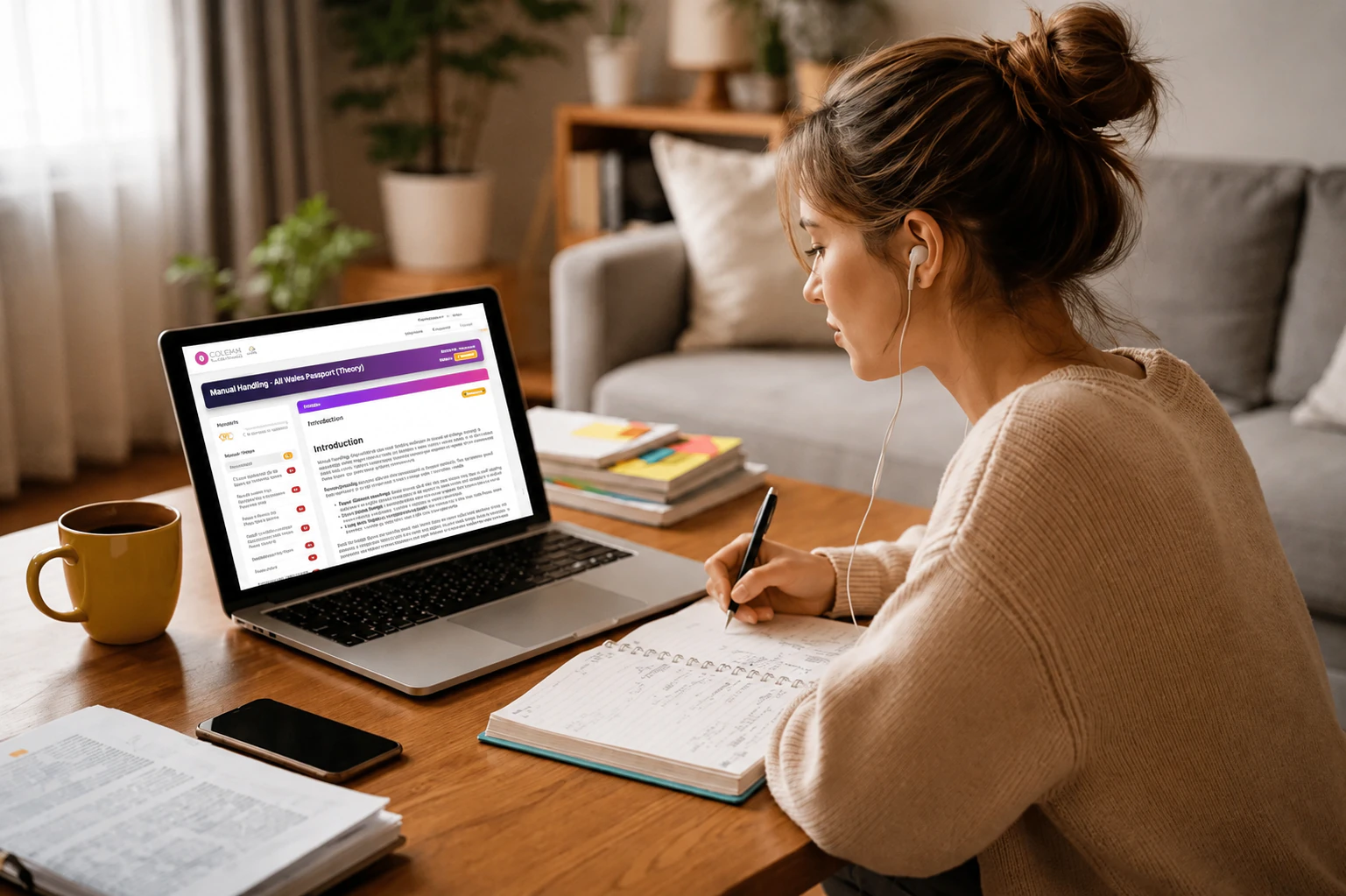 A young woman with a laptop does their qualifications with Online Learning