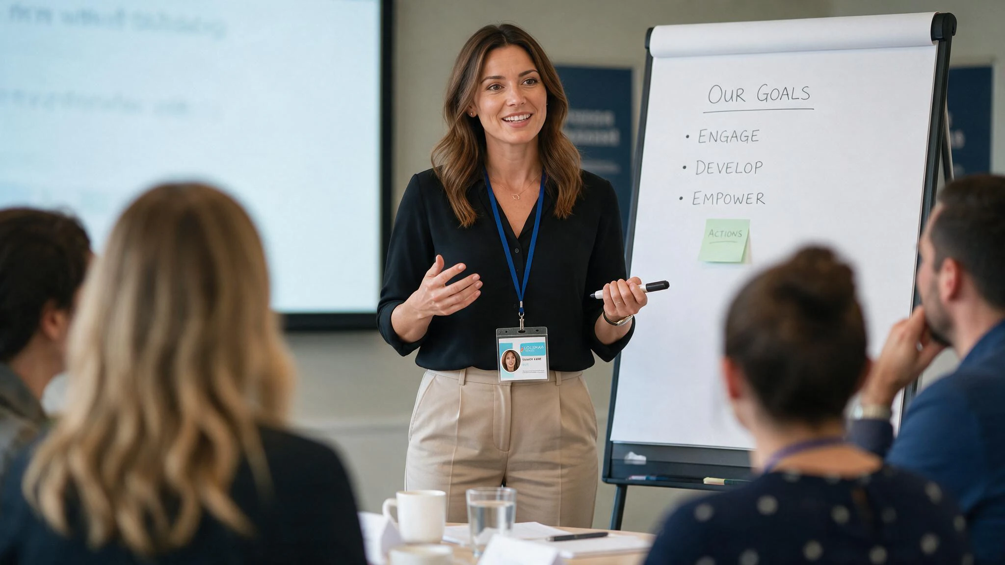 a female trainer from Coleman Training delivering Leadership Training with a flipchart